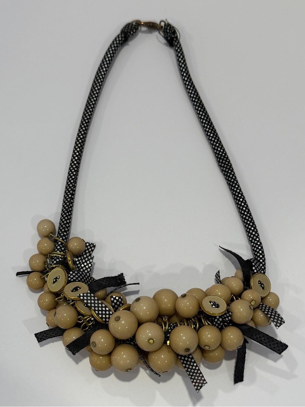 Anthropologie Vintage Style Cluster Bib Necklace Button Polka Dot Ribbon Cream